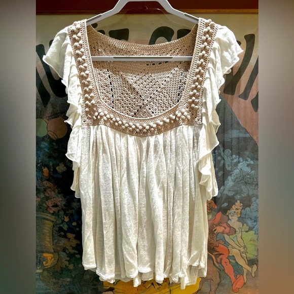 Y2K Malene Birger Silk Blend Crocheted Flutter Sleeve Boho Top - Picture 2 of 8